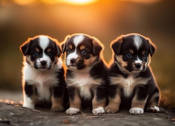 three-small-puppies-sitting-dirt-ground-front-sunset-generative-ai